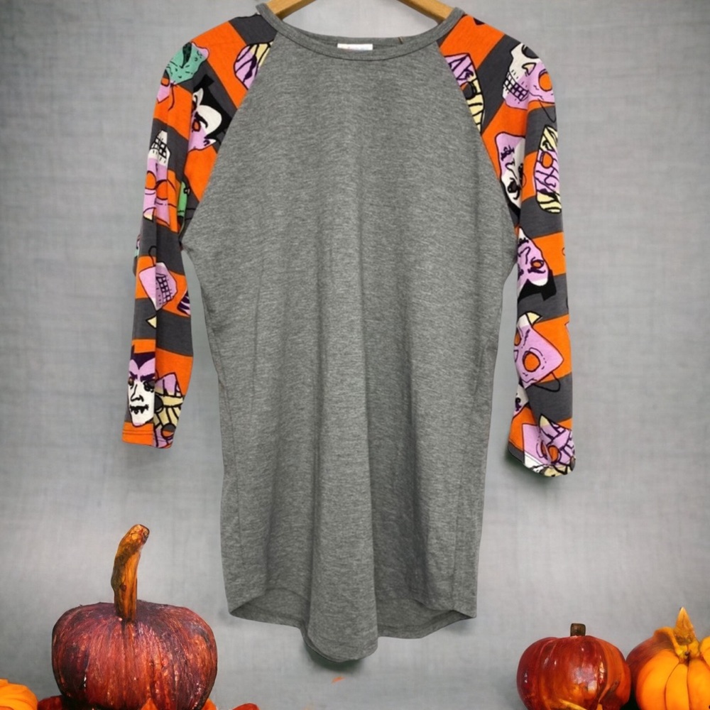 LuLaRoe Halloween Tee Randy 3/4 Sleeve Raglan Top Grey Orange Striped Si…